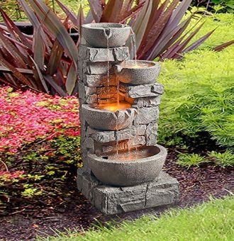 Peaktop 201601PT Floor Stacked Stone 4 Tiered Bowls Waterfall Water Fountain for Outdoor Patio Garden Backyard Decking with Led Lights and Pump
